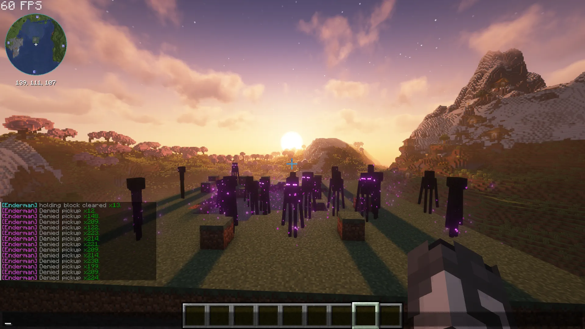 In-game chat listing aggregated [Enderman] Denied pickup counts in the hundreds while endermen stand around blocks left in place.
