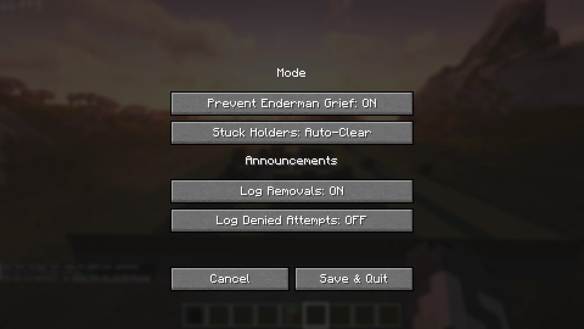 Fabric in-game config screen with toggles for Prevent Enderman Grief, Stuck Holders: Auto-Clear, Log Removals, and Log Denied Attempts.