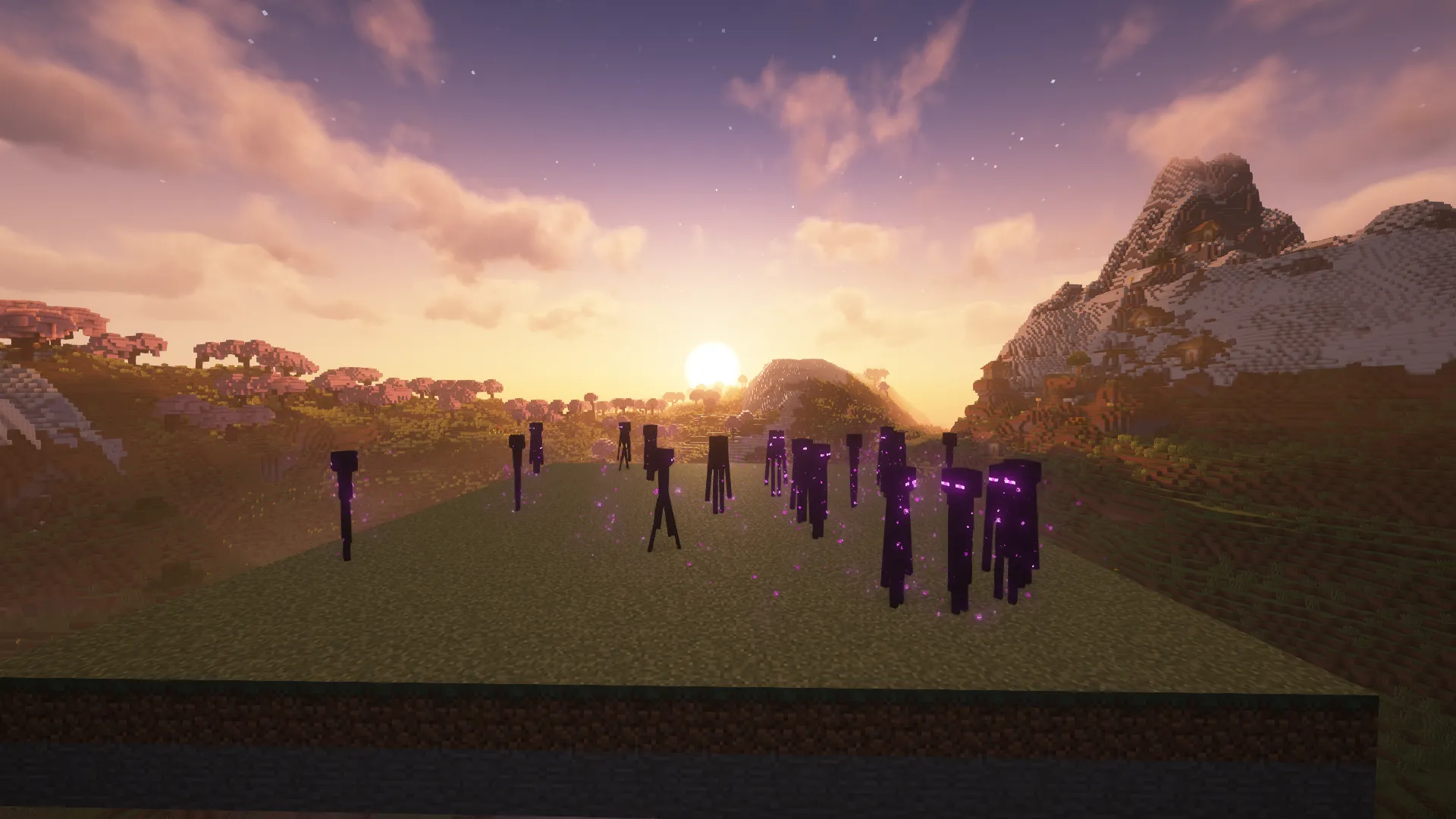 Dozens of endermen standing on an intact grass platform at sunset, every block still in place.