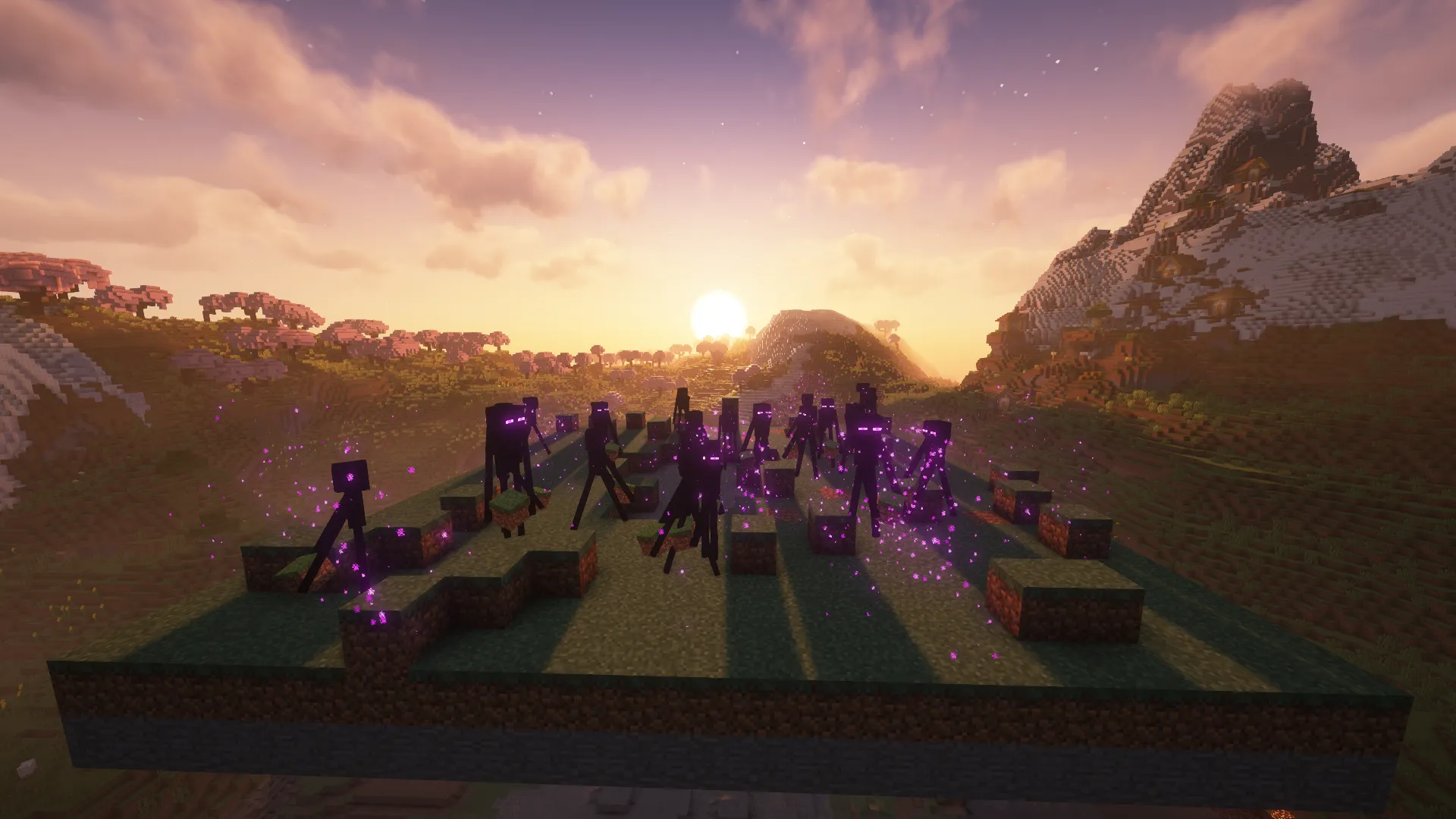 The same grass platform in vanilla Minecraft, torn full of holes, with endermen carrying and dropping grass blocks.